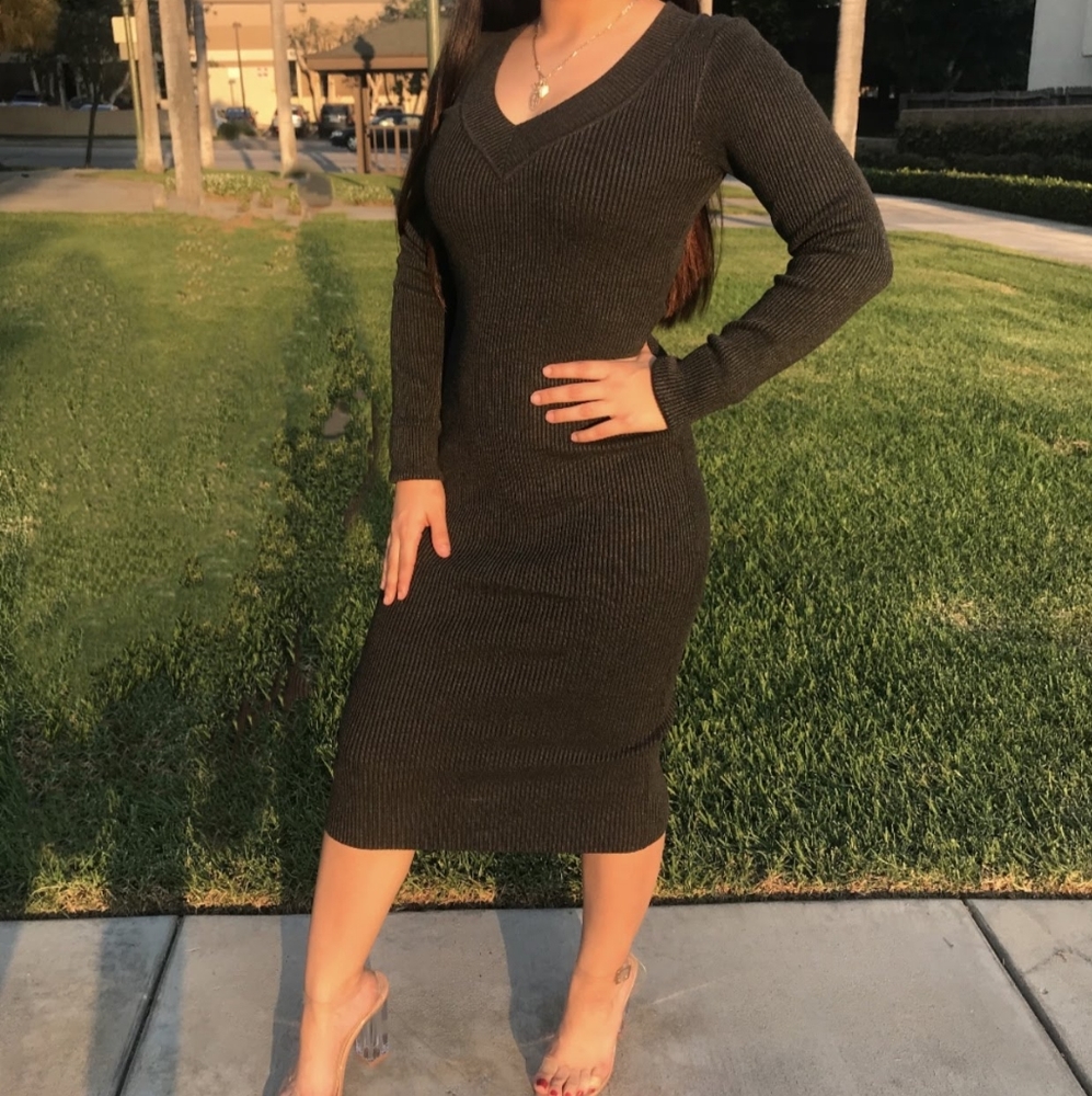 Charcoal grey midi long sleeve dress